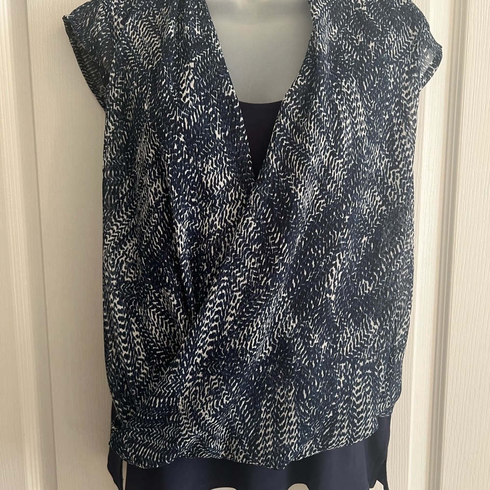 DKNY Navy Blue Short Sleeve Double Layer Blouse